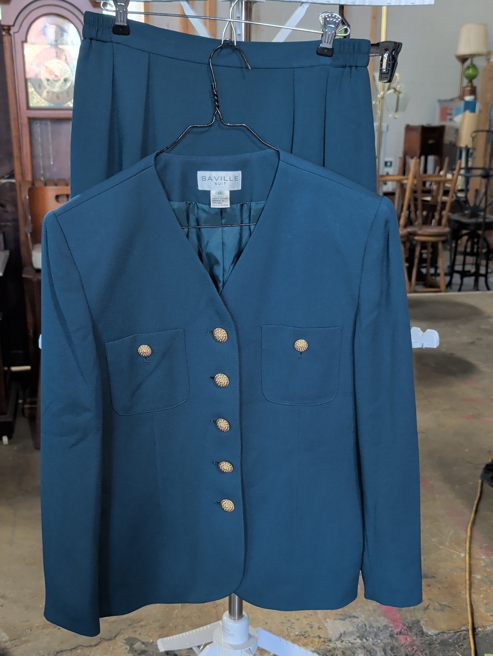 Saville Women's Power Suit Deep Teal Blazer and Skirt Set with Gold Buttons